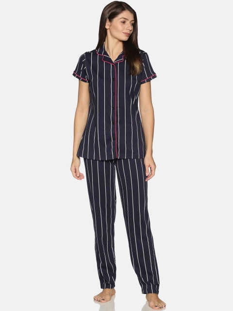 

Charak Women Navy Blue & White Striped Pure Cotton Night suit