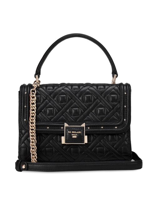 

Da Milano Black Textured Leather Structured Satchel with Quilted