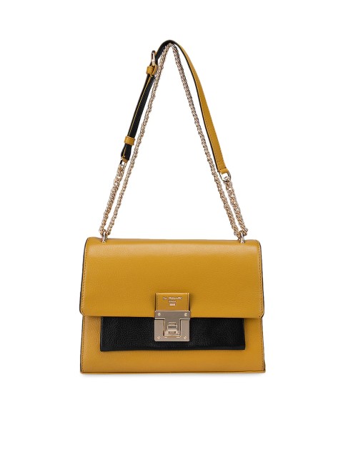 

Da Milano Yellow Colourblocked Leather Structured Shoulder Bag with Applique