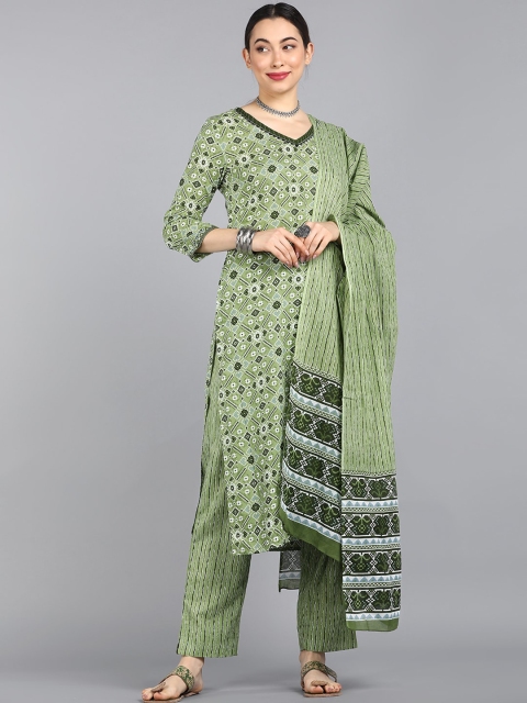 

AHIKA Women Green Ethnic Motifs Printed Regular Pure Cotton Kurti with Trousers & With Dupatta