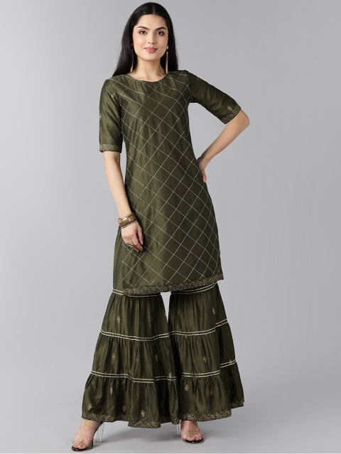 

AHIKA Women Green Printed Regular Kurta with Sharara