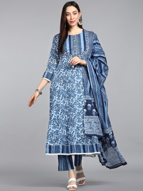 

AHIKA Women Blue & White Floral Printed Regular Pure Cotton Kurta with Trousers & Dupatta