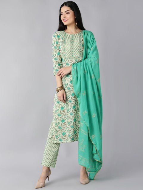 

AHIKA Women Green Floral Printed Regular Pure Cotton Kurta with Trousers & With Dupatta