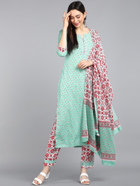 

AHIKA Women Turquoise Blue Floral Printed Regular Pure Cotton Kurta with Trousers & With Dupatta