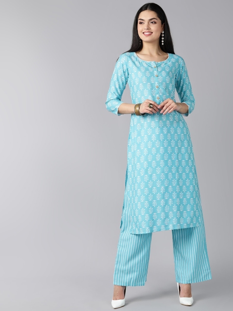 

AHIKA Women Blue Ethnic Motifs Printed Regular Kurta with Palazzos