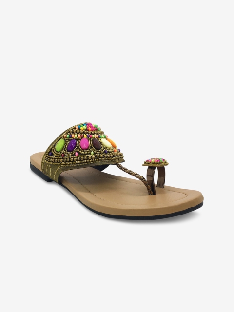 

WALK N STYLE COLLECTION Women Khaki Embellished T-Strap Flats