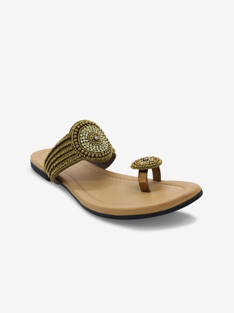 

WALK N STYLE COLLECTION Women Khaki Embellished Leather Ethnic One Toe Flats