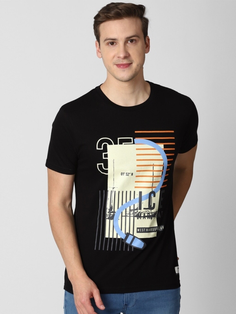 

Peter England Casuals Men Black & Beige Printed Raw Edge T-shirt