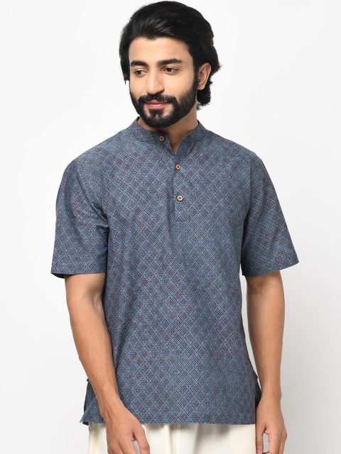 Fabindia Men Blue & Red Printed Mandarin Collar Straight Kurta