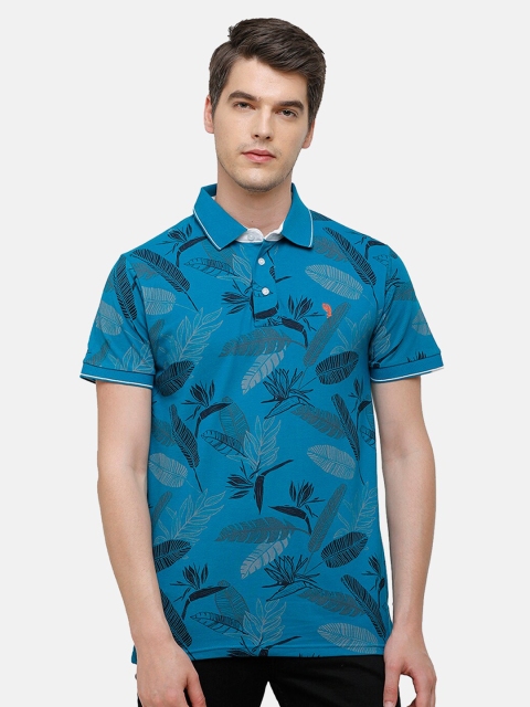 

Swiss Club Men Blue Floral Printed Polo Collar Slim Fit Cotton T-shirt