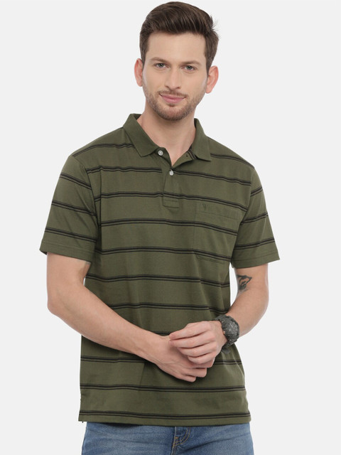

Swiss Club Men Green Striped Polo Collar Pockets T-shirt