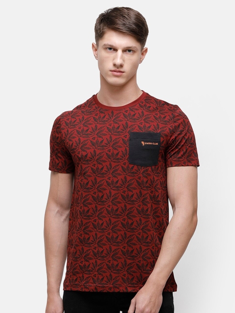 

Swiss Club Men Red & Black Floral Printed Pockets Slim Fit T-shirt