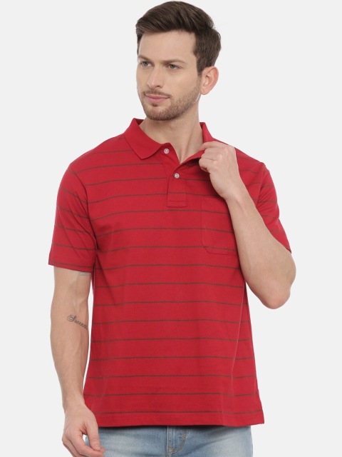 

Swiss Club Men Red & Navy Blue Striped Polo Collar T-shirt