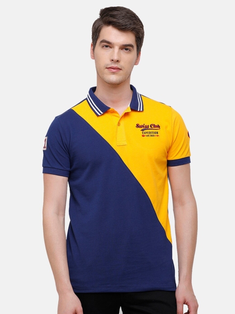 

Swiss Club Men Blue & Yellow Colourblocked Polo Collar Slim Fit Cotton T-shirt