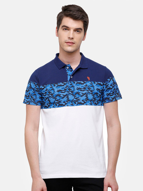 

Swiss Club Men White & Blue Colourblocked Polo Collar T-shirt