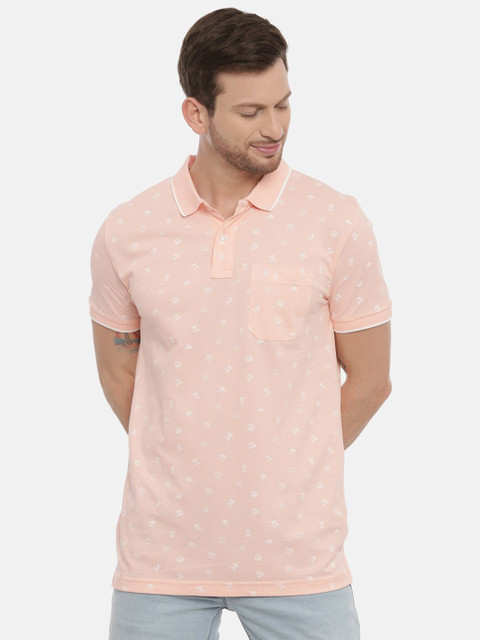 

Swiss Club Men Peach-Coloured & White Printed Polo Collar Pockets Slim Fit T-shirt
