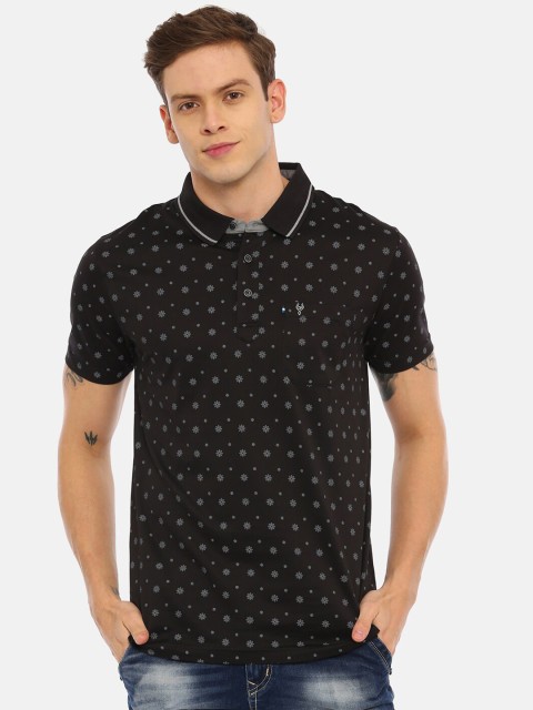

Swiss Club Men Black Floral Printed Polo Collar Slim Fit Cotton T-shirt