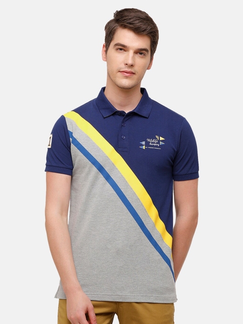 

Swiss Club Men Grey & Blue Colourblocked Polo Collar Slim Fit T-shirt