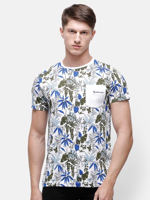

Swiss Club Men White & Blue Floral Printed Round Neck T-shirt