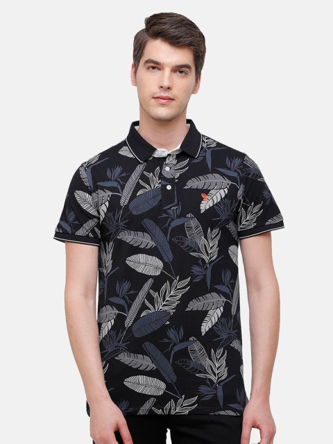 

Swiss Club Men Black & White Floral Printed Polo Collar Tropical Slim Fit T-shirt