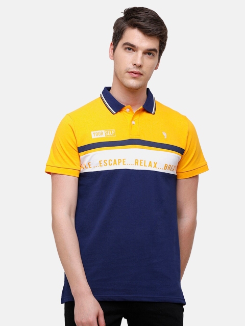 

Swiss Club Men Blue & Yellow Colourblocked Polo Collar Slim Fit T-shirt