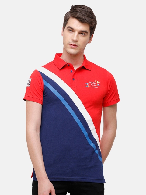 

Swiss Club Men Multicoloured Striped Polo Collar Applique Slim Fit T-shirt, Multi