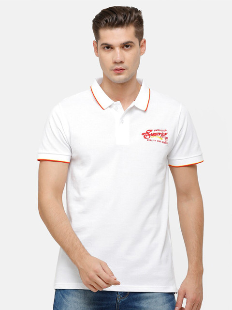 

Swiss Club Men White Polo Collar Applique Slim Fit T-shirt