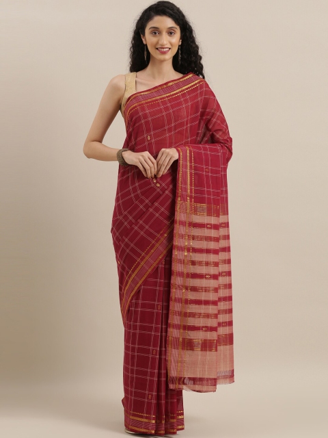 

The Chennai Silks Maroon & Gold-Toned Checked Zari Pure Cotton Fusion Saree