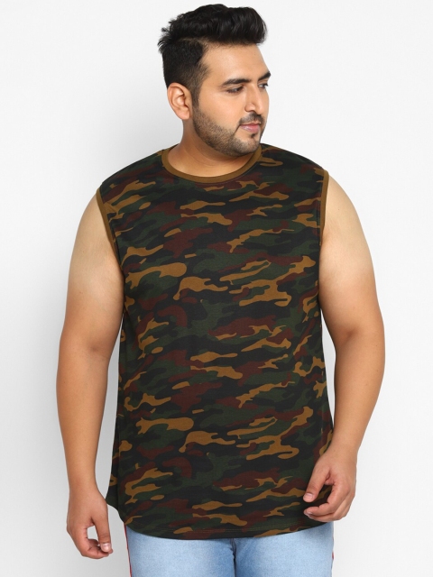 

Urbano Plus Plus Size Men Green & Brown Camouflage Printed Pure Cotton T-shirt