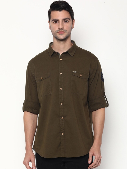 

RUG WOODS Olive Green Regular Fit Opaque Pure Cotton Casual Shirt