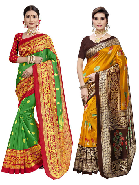 

KALINI Pack of 2 Green & Mustard Floral Saree