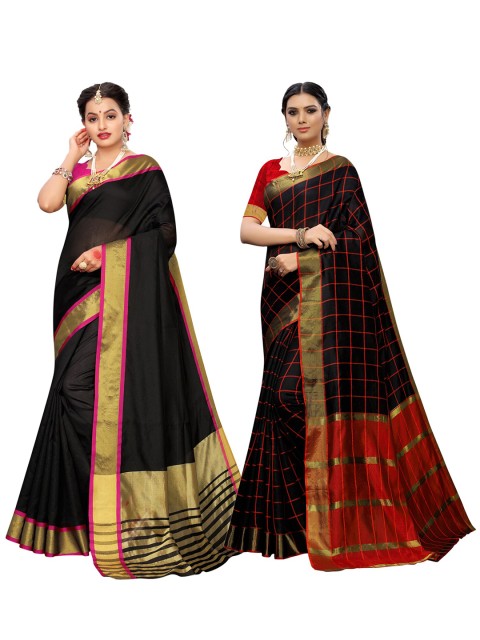 

KALINI Set-2 Black & Red Woven Design Zari Art Silk Chanderi Saree