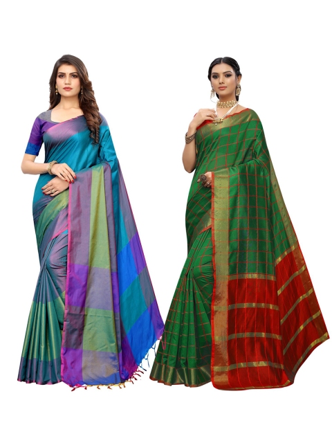

KALINI Pack of 2 Turquoise Blue & Green Checked Silk Blend Chanderi Saree