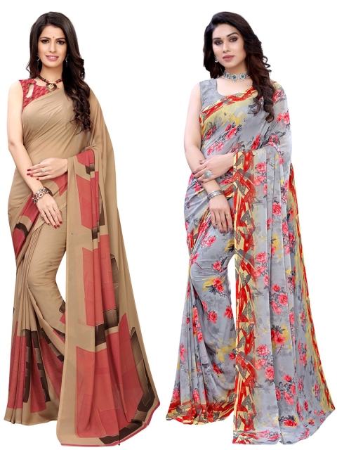 

KALINI Pack Of 2 Printed Sarees, Beige