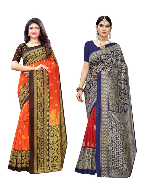 

KALINI Pack Of 2 Orange & Navy Blue Floral Art Silk Khadi Saree