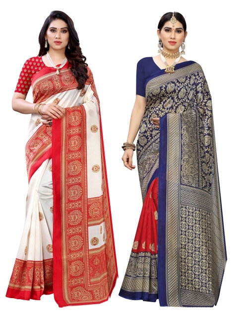 

KALINI Pack of 2 White & Navy Blue Ethnic Motifs Art Silk Saree