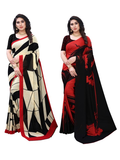 

KALINI Pack Of 2 Printed Sarees, Cream