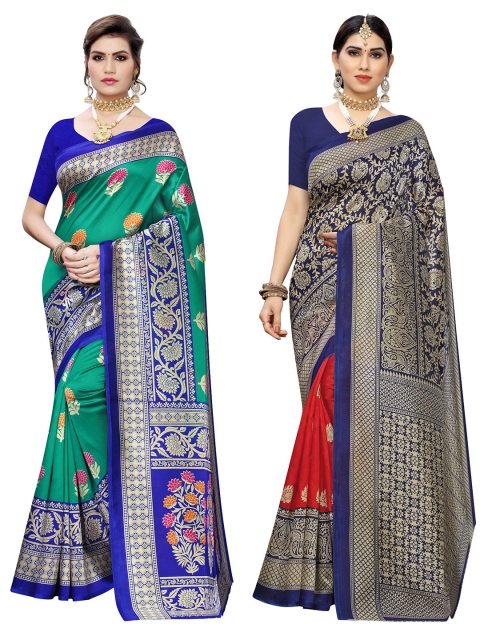 

KALINI Pack of 2 Fluorescent Green & Blue Ethnic Motifs Saree