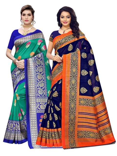 

KALINI Pack of 2 Green & Navy Blue Ethnic Motifs Printed Sarees