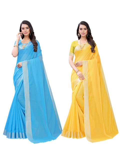 

KALINI Pack Of 2 Blue & Yellow Zari Khadi Saree