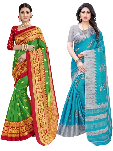 

KALINI Pack of 2 Green & Turquoise Blue Ethnic Motifs Printed Art Silk Khadi Saree