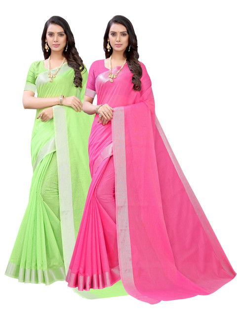 

KALINI Set-2 Pink & Green Zari Khadi Saree