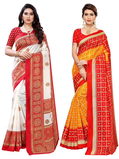 

KALINI Pack Of 2 White & Red Ethnic Motifs Printed Art Silk Khadi Saree