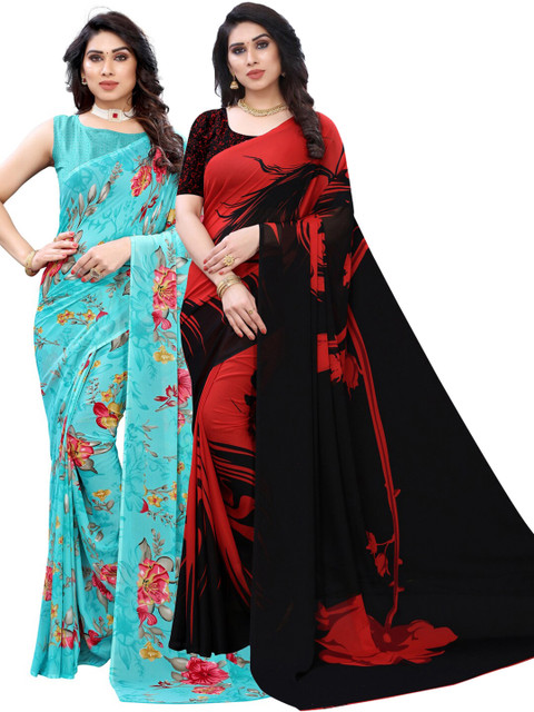 

KALINI Pack of 2 Blue & Red Floral Khadi Saree