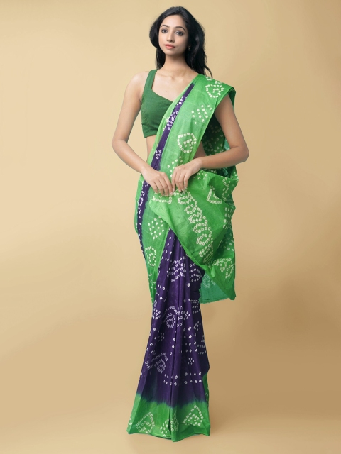 

Unnati Silks Women Violet & Green Handloom Pure Bandhani Cotton Sustainable Saree