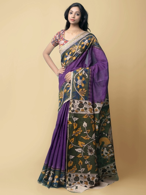 

Unnati Silks Women Violet & Green Pure Handloom Kalamkari Cotton Sustainable Saree
