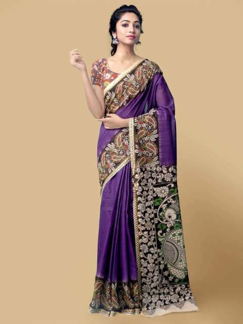 

Unnati Silks Women Violet & White Pure Handloom Kalamkari Cotton Sustainable Saree