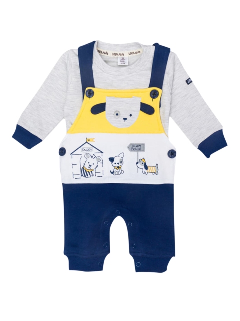

Little Folks Infant Kids Grey & Yellow Animal Print Dungarees With T-Shirt