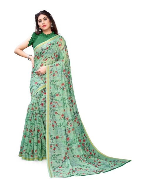 

KALINI Green & Red Floral Printed Cotton Bagh Saree