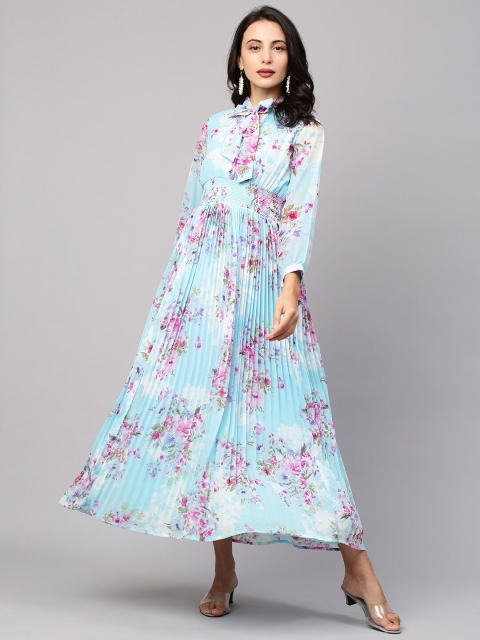 

FASHOR Blue Floral Tie-Up Neck Georgette Maxi Dress